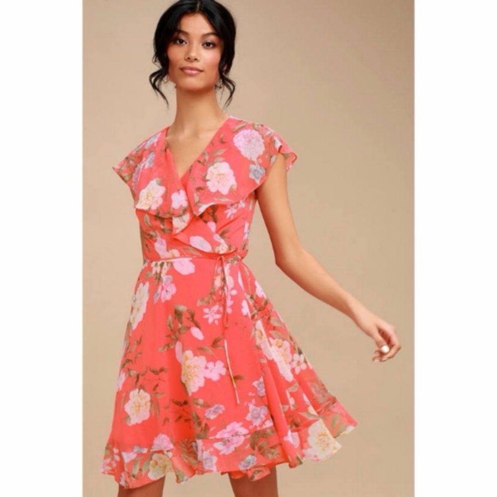 Lulu's Vibrant Pink Floral Wrap Mini Dress